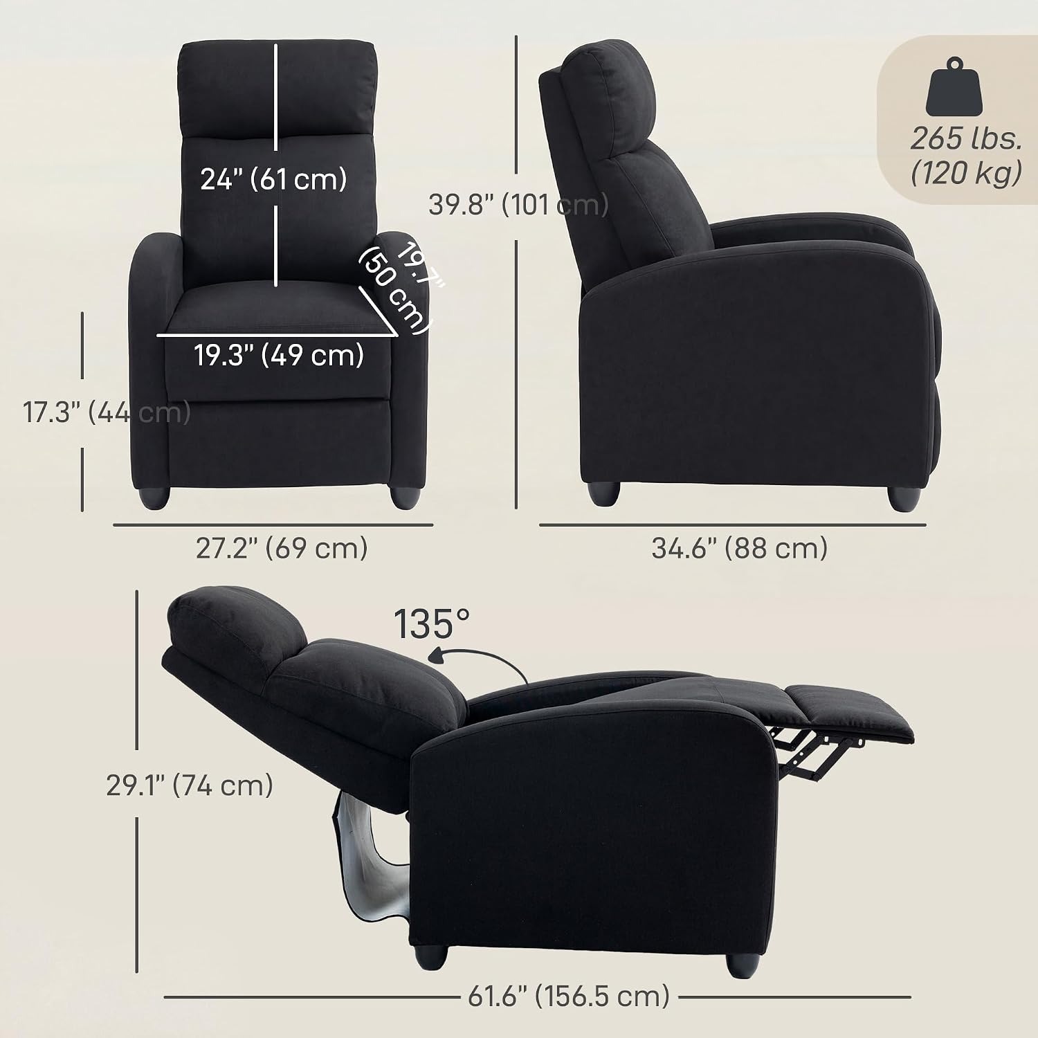 HOMCOM Black Push Back Recliner: image 3