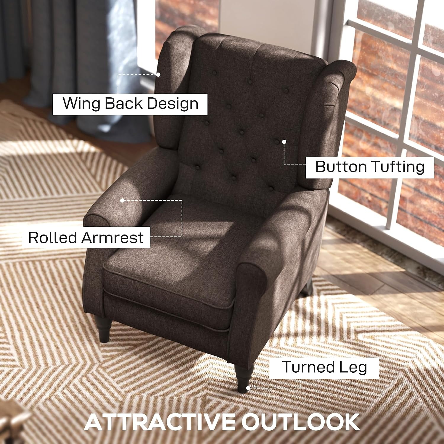 HOMCOM Brown Tufted Wingback Armchair