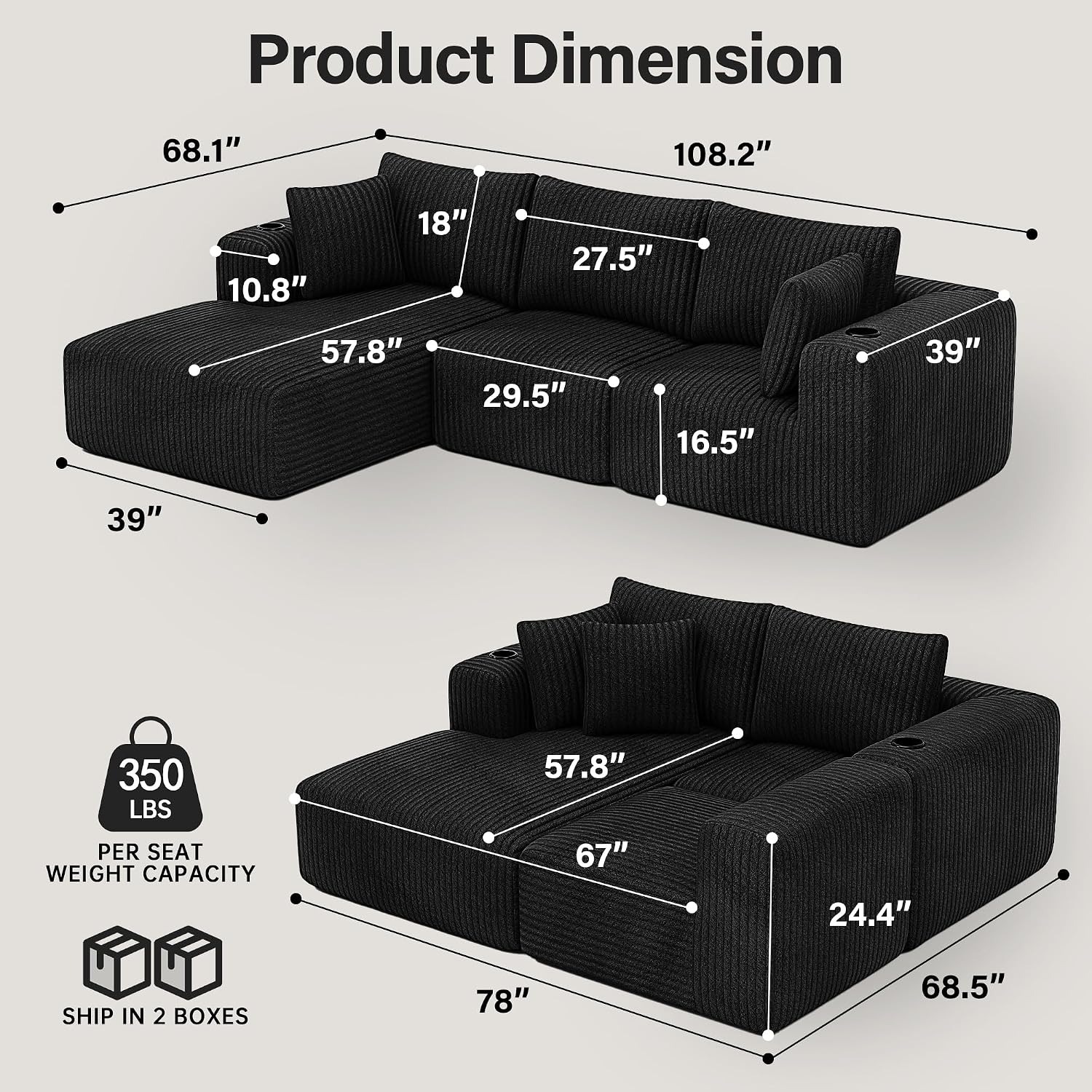 DURASPACE Corduroy L-Shaped Sectional Sofa: image 2